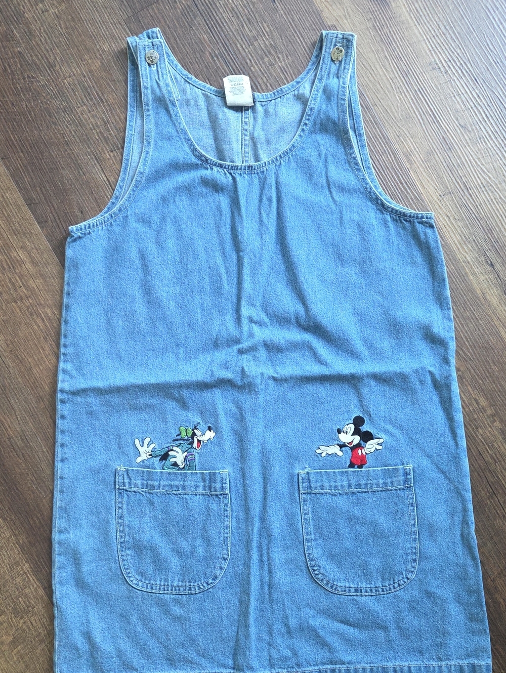 Blue Denim Pinafore Dress with Mickey & Goofy Embroidery